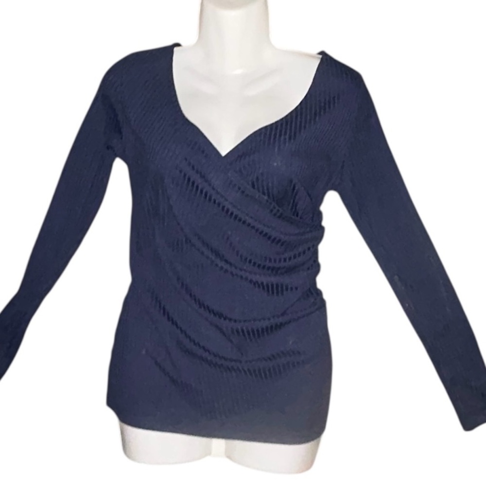 Elegant Navy Blue Ribbed Women's‎ Top